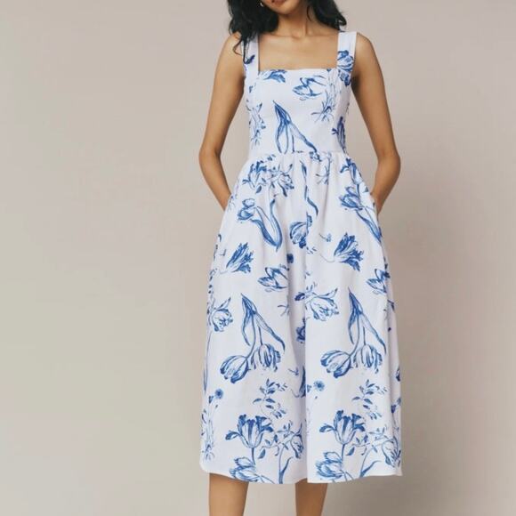 Reformation Frieda Linen Midi Dress Size 4 Blue White Floral Trad Wife Cottage - Picture 1 of 16
